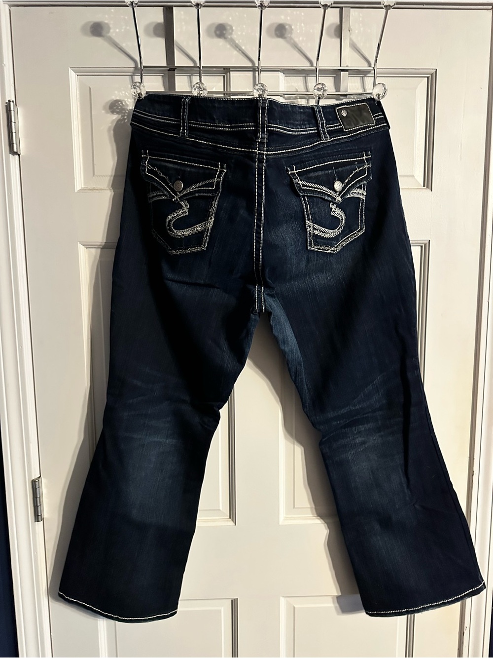 Size 24/30 Silver Jeans Dark Indigo Flare Jeans with White Stitching
